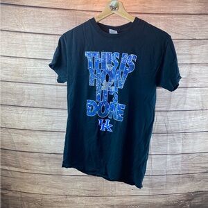Gildan Black Tee with Blue Graphic Text
